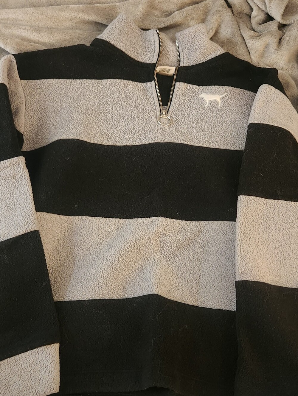 VS Pink, Striped Half-Zip Pullover Sweatshirt - Black & Gray, Size S